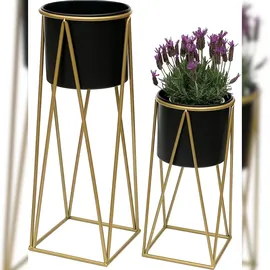 DanDiBo Ambiente DanDiBo Blumenhocker mit Topf Metall Gold Schwarz 2er Set Blumenständer 96046 Blumensäule Modern Pflanzenständer Pflanzenhocker