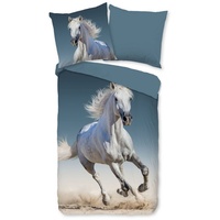 Bettwäsche Comfort Baumwolle, Traumschloss, Flanell, 2 teilig, weißes Pferd, Schimmel blau
