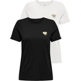 Only Kurzarmshirt "ONLKITA LIFE S/S TOP 2 PACK CS JRS", Damen, Gr. XS, schwarz (schwarz pack:cloud dancer, print gold glitter heart), Jersey, Obermaterial: 100% Baumwolle, bedruckt, regular fit normal, Rundhals, Shirts, Baumwolle, Glitzerdruck