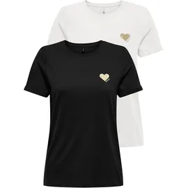 Only Kurzarmshirt "ONLKITA LIFE S/S TOP 2 PACK CS JRS", Damen, Gr. XS, schwarz (schwarz pack:cloud dancer, print gold glitter heart), Jersey, Obermaterial: 100% Baumwolle, bedruckt, regular fit normal, Rundhals, Shirts, Baumwolle, Glitzerdruck