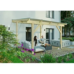 Terrassendach KONIFERA "Capella", beige (unbehandelt), B:409,2cm T:350cm, Leimholz, Polycarbonat (PC), Fichtenholz, Terrassenüberdachungen, Bausatz aus naturbel. Leimholz mit lichtdurchl. Polycarbonat-Pultdach