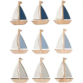 Rayher Holz-Streuteile Schiff, 9 Stück, mit Klebepunkt, 3 x 4 cm, sortiert 3 Farben, Holzstreuer Tischdeko, Tischstreuer, Streudeko, maritim, 46675000, Bunt