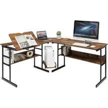 Costway L-förmiger Schreibtisch, Eckschreibtisch aus Holz mit neigbarer Tischplatte, unterem Bücherregal & CPU-Ständer, Zeichentisch Computertis... - Braun