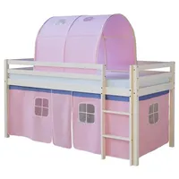 Homestyle4u 1559, Kinderbett 90x200 Weiß Hochbett mit Treppe Tunnel Vorhang Rosa Bettgestell Massivholz Kiefer