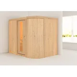 Woodfeeling Karibu Sauna Titania 4 mit Fronteinstieg 68 mm - Ohne Ofen- Energiesparende Saunatür inkl. 8-teiligem gratis Zubehörpaket (Gesamtwert 191,92€)