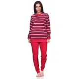 normann Damen Frottee Schlafanzug lang, Pyjama mit Bündchen in toller Streifen-Optik, Farbe:rot, Größe:48-50 - 48-50