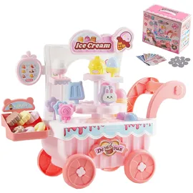 Vevor Eiswagen, 27-teiliges Zubehör, Eisdiele aus PP, Aufbewahrungswagen mit Spielgeld, Ton- und Lichteffekten, Montessori-Lernspielzeug, Rollenspiel für Kleinkinder ab 3 Jahren (Pink)