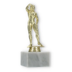 Pokal Kunststofffigur Bodybuilderin gold auf weißem Marmorsockel 17,3cm