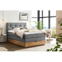 Belanoti MARBO Boxspringbett 140x200 mit Bettkasten 7-Zonen Taschenfederkern Matratze inklusive Visco Topper Bett 140x200 Eiche in der Farbe Anthrazit H2/H3 Polsterbett mit Massivholz Eiche