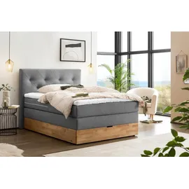 Belanoti MARBO Boxspringbett 140x200 mit Bettkasten 7-Zonen Taschenfederkern Matratze inklusive Visco Topper Bett 140x200 Eiche in der Farbe Anthrazit H2/H3 Polsterbett mit Massivholz Eiche