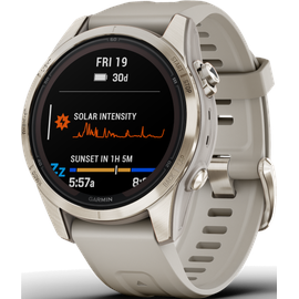 Garmin fenix 7S Pro Sapphire Solar beige/softgold mit Silikonarmband hellgrau