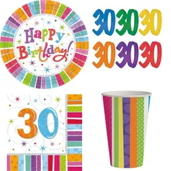 30. Geburtstag buntes Partyset Party Deko bunt Zahl 30 Teller Becher Servietten