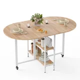Mondeer Klappbarer Esstisch, Küchentisch mit 2 Ablagen, und Rollen 140 x 80 x 75 cm, Eiche+Weiß - Weiß