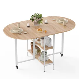 Mondeer Klappbarer Esstisch, Küchentisch mit 2 Ablagen, und Rollen 140 x 80 x 75 cm, Eiche+Weiß - Weiß