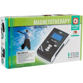 I-Tech MAG 2000 Plus für Heim- und professionelle Magnetotherapie, 2 Kanäle zu je 200 Gauß, 35 Programme, bis zu 10 Benutzerspeicher, Gummiband mit 3 Magneten, Magnetpaar, Beutel