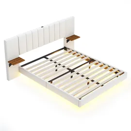 XDOVET Polsterbett mit Seitlichen Ablagen USB-Ladeanschluss und LED-Leiste Doppelbett Flachbett Verdecktes Fußteil Leinenstoff 160*200 cm Beige - Beige