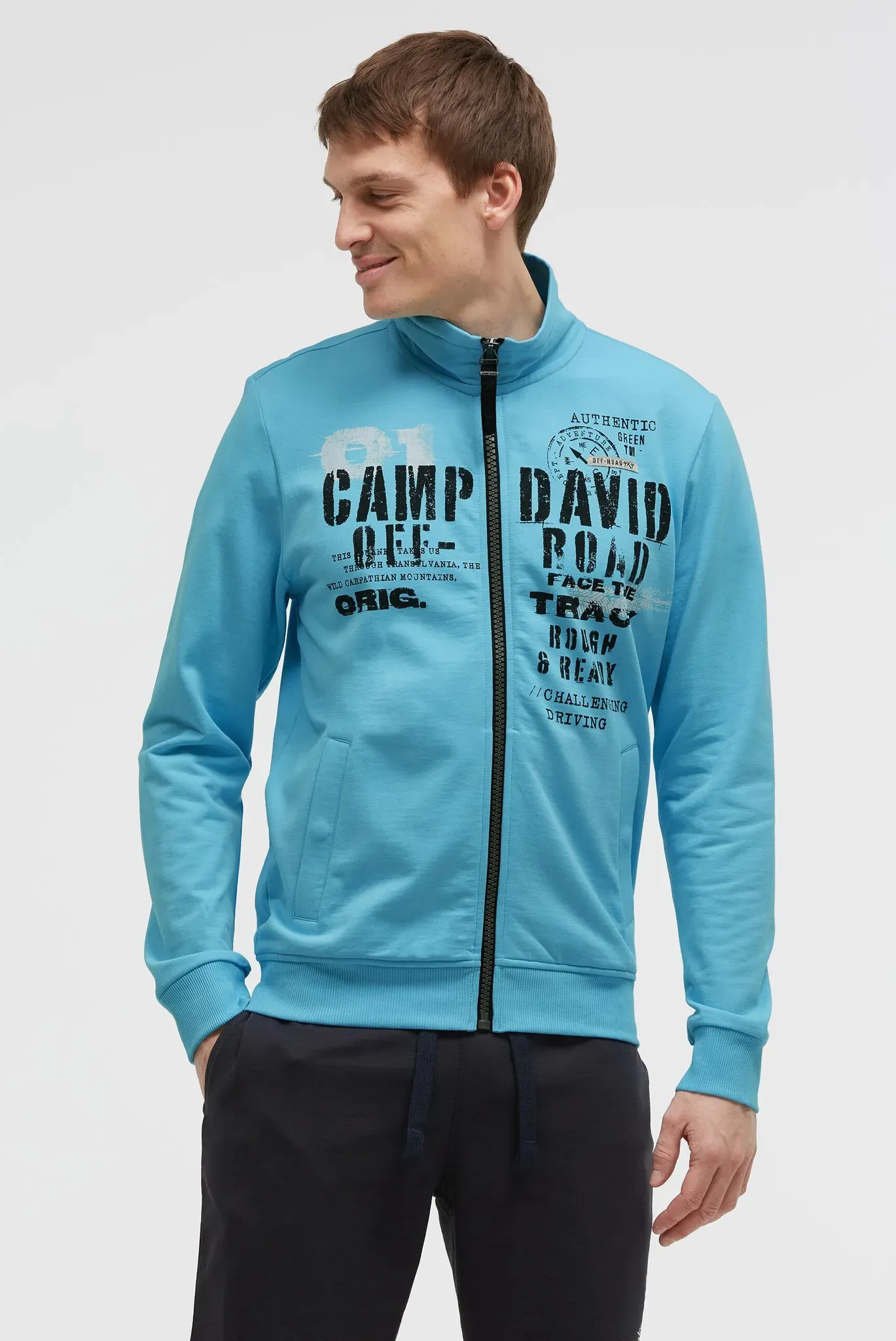 Sweatjacke CAMP DAVID, Herren, Gr. S, blau (summer aqua), Material: 52% Baumwolle, 48% Polyester, bedruckt, regular fit normal, hoch geschlossener Ausschnitt, eingesetzt Rippbündchen, Sweatjacken Sweatjacke, mit Reißverschlusstaschen