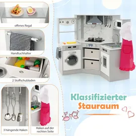 Costway Kinderküche Holz, Spielküche mit Licht und Sound, Holzküche Eck mit Dunstabzugshaube, Wasserzirkulationssystem, Wasserspender & Waschmas... - Grau