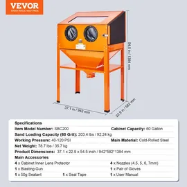 Vevor Sandstrahlkabine Aluminium/Stahl 60 Gallonen orange mit Ständer, Strahlpistole und 4 Düsen