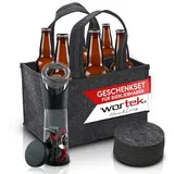 wortek Flaschenträger Männerhandtasche Filz Geschenkset für Männer (Set, 3-St), Geschenkset Männer, Geschenkset Bier schwarz