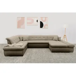 Wohnlandschaft DOMO COLLECTION "Moric U-Form auch in Cord", braun (schlamm), B:353cm H:80cm T:95cm, 100% Polyester, Sofas, im XXL-Format, wahlweise mit Bettfunktion und Armlehnenverstellung