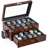 BEWISHOME Uhrenbox mit 20 Fächer Uhrenkasten mit Glasdeckel,Luxuriöser Uhrenkoffer für Männer,Glattem Kunstlederinterieur,Metallverschluss,Geschenkideen Uhrenbox Herren,Uhrenaufbewahrung Braun ESSH04Y