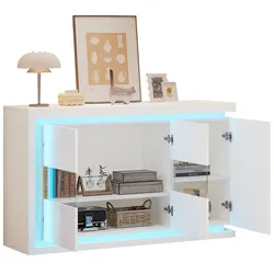 OKWISH Sideboard Wohnzimmer 140x40x84 cm LED Glas Schrank Hochglanz Ablage Stauraum Aufbewahrung Design modern Weiß