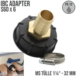 S60 x 6 IBC Adapter auf MS-Tülle 1 1/4 Zoll 32 mm Container Tank Zubehör"