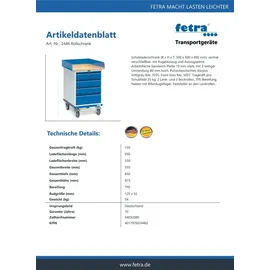 FETRA Rollschrank Stahl/Holzwerkstoff 650 x 550 mm blau mit Arbeitsplatte und 4 Schubladen