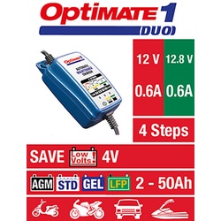 OPTIMATE 1 DUO (TM402-D), 12V/12,8V, 0,6A, 4-stufiges Ladegerät für 2-20Ah Std/AGM/GEL/LFP