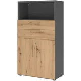 bümö flexi Aktenschrank abschließbar mit Flügeltüren & 2 Schubladen in Graphit/Asteiche, Büroschrank mit werkzeuglosem Schnellmontage-Klicksysten in
