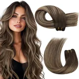 Moresoo Echthaar Extensions Tressen 55 cm Braun Echthaar Tressen zum Einnähen Weaving Extensions Echthaar Remy Dunkelbraun bis Karamellblond Doppelt Tressen #4/27/4 100g