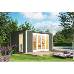 Gartenhaus NORDIC HOLZ "Palermo 2", grün (grüngrau), Fußboden im Gartenhaus, Massivholzdach, Holz, Gartenhäuser, mit großen Glasflächen