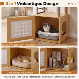 Costway Kratzbaum mit Katzenklo Schrank, für Katzentoilette, Katzenkratzbaum mit Futterstation, Sisalpfosten, Kratzmatten & Eingang, Katzenhaus Holz, Futterstation,Sisalpfosten&Kratzma... Naturbelassen