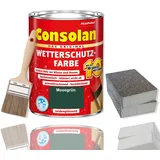 Consolan Wetterschutzfarbe Set 2,5 l Holzfarbe Dauerschutz Deckend mit Zubehör (Moosgrün)