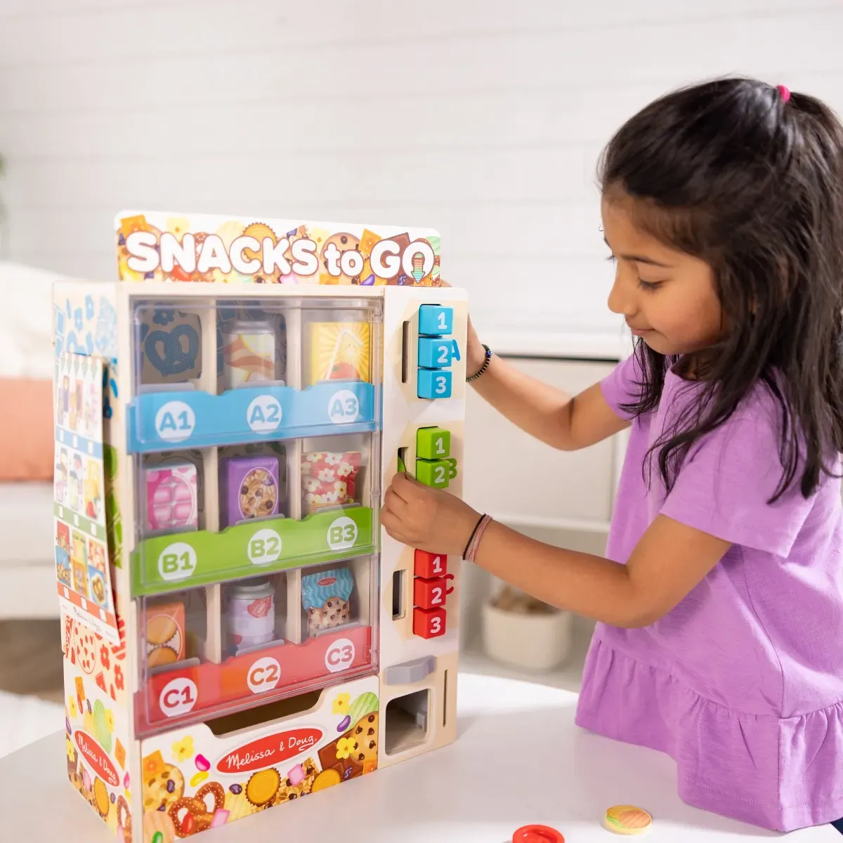 Melissa & Doug Snackautomat Spielzeug 16 Teile bunt FSC-Holz 43x31x14 cm - Kreditkartenfunktion, fördert soziale Kompetenzen