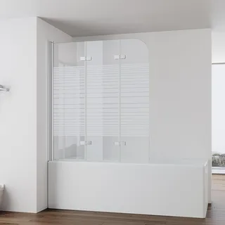 IMPTS 120x140cm Duschwand für Badewanne 3 teilig, Badewanne Glaswand Faltwand mit Streifen Milchglas, Duschtrennwand Faltbar Badewannenaufsatz Duschglaswand mit 6mm Nano Sicherheitsglas