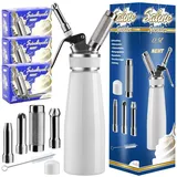 NEMT Sahnespender 0,5 L Sahnesiphon weiss + 30 Sahnekapseln 500 ml Sahnespender Aluminium mit Edelstahl Düsen und Reinigungbürste, Auslaufsicherer Sahnebereiter für Schlagsahne, Creme, Mousse