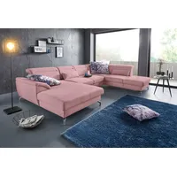 Wohnlandschaft SIT & MORE "Percy U-Form" Sofas Gr. B/H/T: 343cm x 77cm x 235cm, Feinstruktur, Recamiere links, mit satiniertem Nickelfuß, rosa (altrosa) 12 cm Fußhöhe, Sitztiefenverstellung, wahlweise in 2 Fußfarben