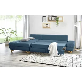 furn.design Ecksofa blau Struktur-Stoff Sofa mit Bettfunktion und Stauraum 284 cm | blau