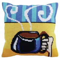 Collection D'Art 5280 Tasse Kaffee Kreuzstichkissen, Baumwolle, Mehrfarbig, 40x40cm