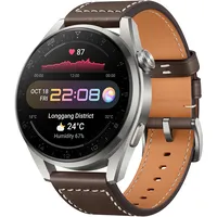 Huawei Watch 3 Pro BT 48 mm Edelstahlgehäuse silber Lederarmband braun M