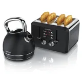 Arendo Frühstücks-Set, Wasserkocher Edelstahl 1,7l, Toaster 4 Scheiben Kurzschlitz, Frühstücksset, Wasserkocher Retro, Toaster Vintage, 2 Röst... - Schwarz
