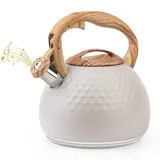 ERWEY 3L Moderne Wasserkessel Induktion Pfeifkessel aus Edelstahl, Teekessel für alle Kochplatten, Flötenkessel mit Holz-Farbe Griff, Wasserkocher für Tee Kaffee, Beige