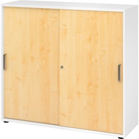 bümö Schiebetürenschrank "3OH" - Aktenschrank abschließbar, Sideboard Schrank mit Schiebetüren in Weiß/Ahorn - Büroschrank aus Holz mit Schiebetür,