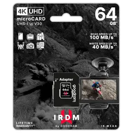GoodRam IRDM 64 GB, MicroSDXC UHS-I U3 mit Adapter - bis zu 100 MB/s, V30, 4K geeignet - stoßfest & wasserdicht - Extreme Zuverlässigkeit, Video Speed Class 10