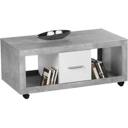 Couchtisch STOLKOM "Stone rollbar mit Schubkästen, Beton weiß, BxHxT 115x50x60 cm", beton, weiß dekor, schwarz, beton dekor, H:50cm, Tische, Rollbar, 2 Schubkästen, 2 offene Fächer, Beton Dekor-Weiß