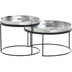 Couchtisch 2er Set, Silber/Schwarz, Hammerschlag-Strukturen, Griffmulde, Handgefertigt. Silber, 56x56x33 cm | Kadima Design
