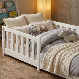 ecomi Kinderbett mit Rausfallschutz 80 x 160 cm Kiefer massiv weiß