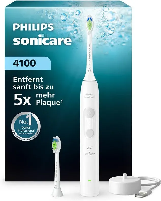 Philips Elektrische Zahnbürste Serie 4100 HX4042/41, 31000 Bewegungen/Min, Drucksensor, Timer, 2 Modi, 2 Bürstenköpfe, Weiß